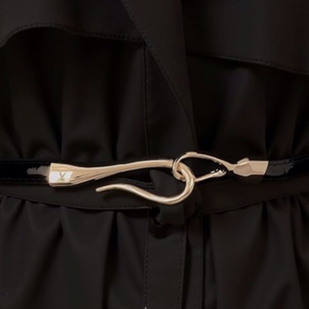 Gold Tone Hook and Loop Buckle Black Thin Belt Patent Leather New